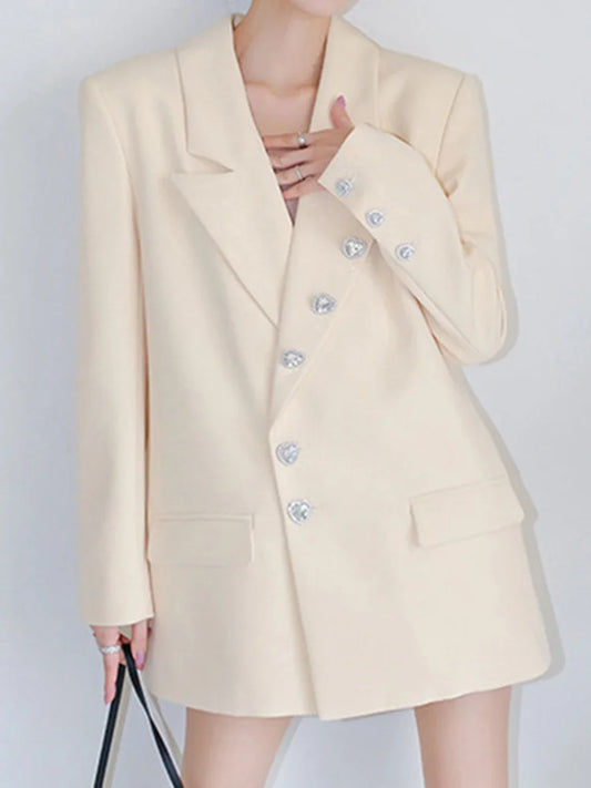 Beige Heart Rhinestone Button Blazer