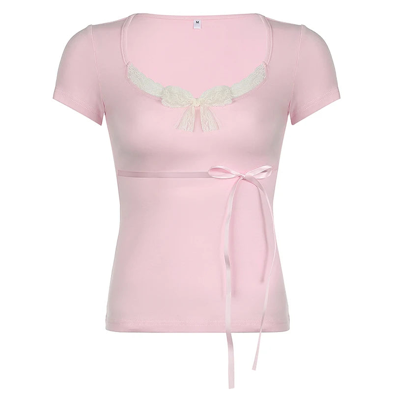 Solid Color Lace Bow V-Cut Pink Ribbon Bow Short Sleeve