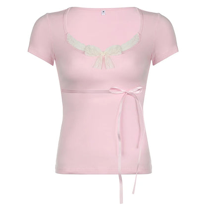 Solid Color Lace Bow V-Cut Pink Ribbon Bow Short Sleeve