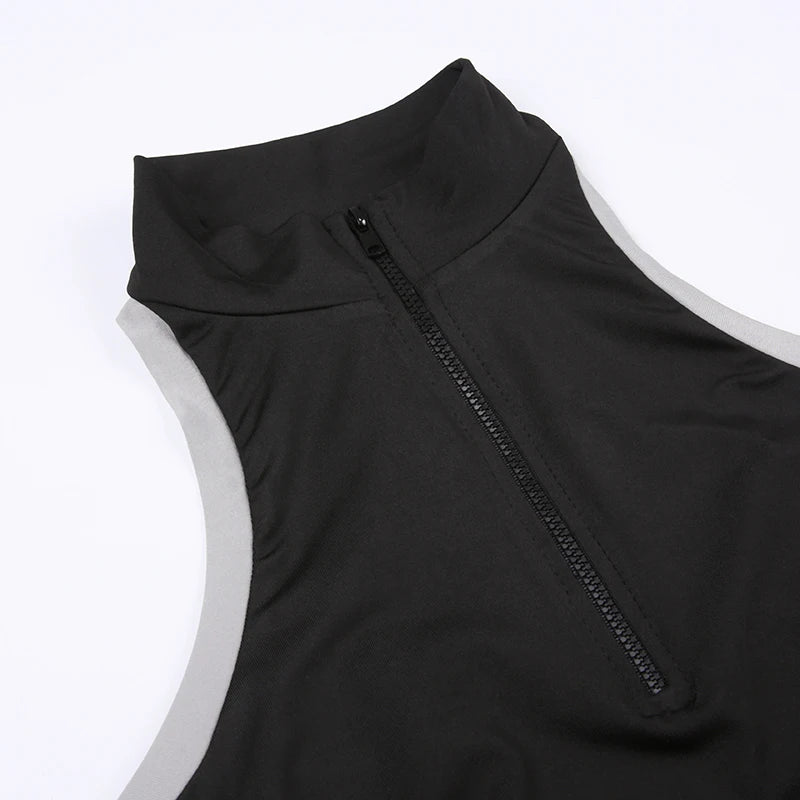 Black Gray Trim Turtleneck Quarter Zip-Up Back Hollow Out Sleeveless Top