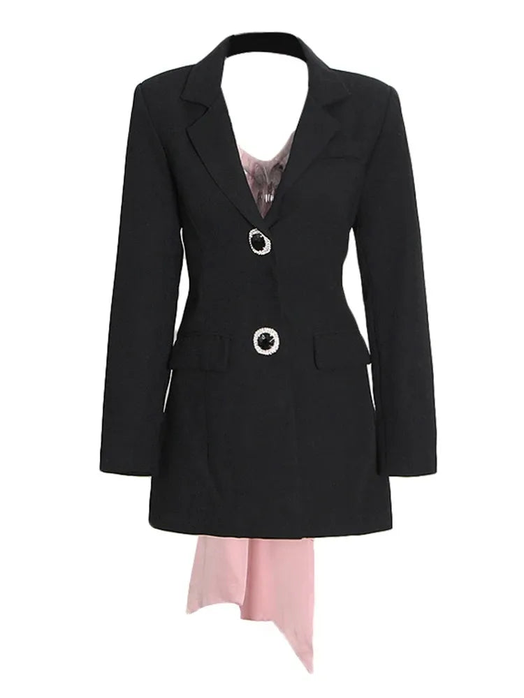 Black Backless Pink Criss-Cross Bow Blazer