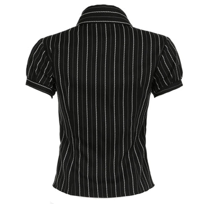 Solid Color Stripe Button Up Puff Short Sleeve