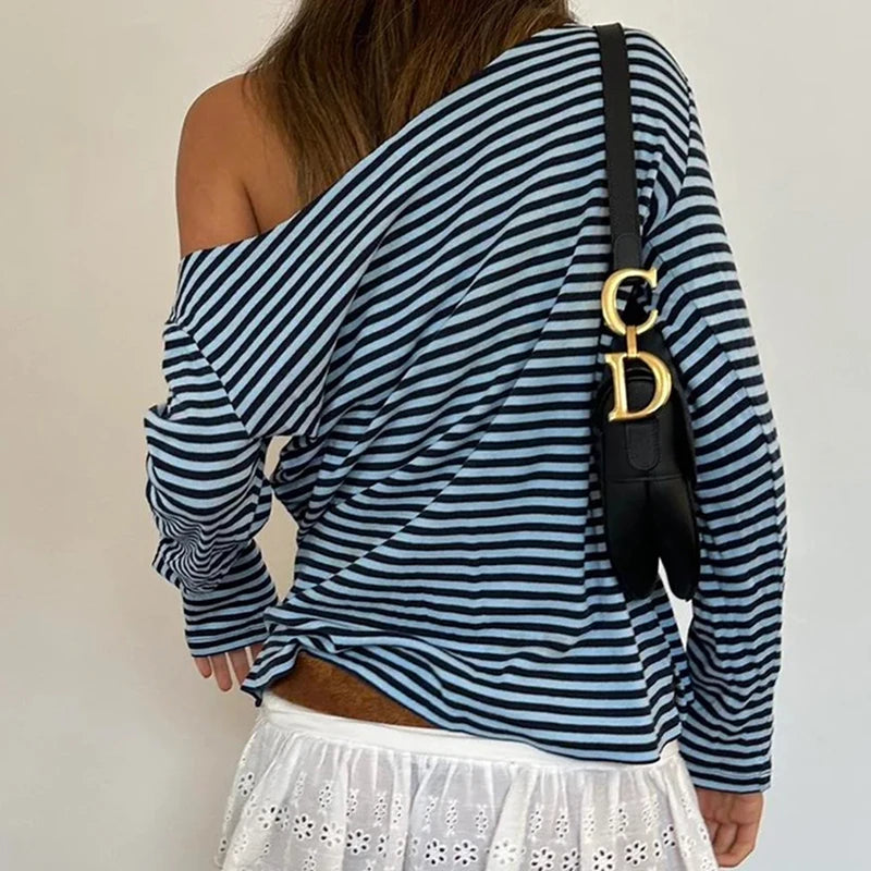 Solid Color Stripe V-Cut Long Sleeve