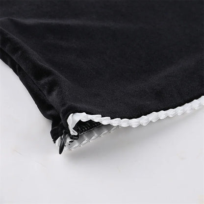 Black Suede White Ruffle Trim Puff Shoulder Long Sleeve