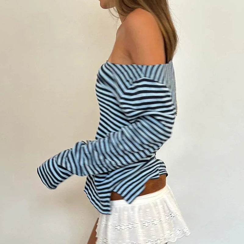 Solid Color Stripe V-Cut Long Sleeve