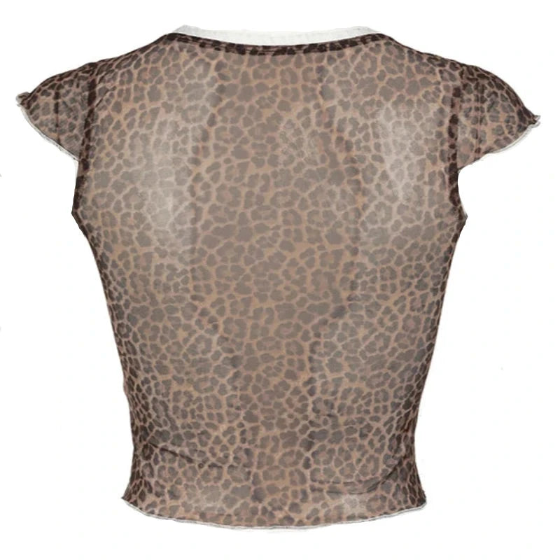 Brown Sheer Cheetah 3D Bow Lettuce Trim Short Sleeve