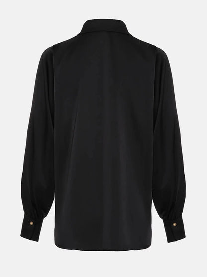 Solid Color Silk Collar Hollow Out Button Up Long Sleeve