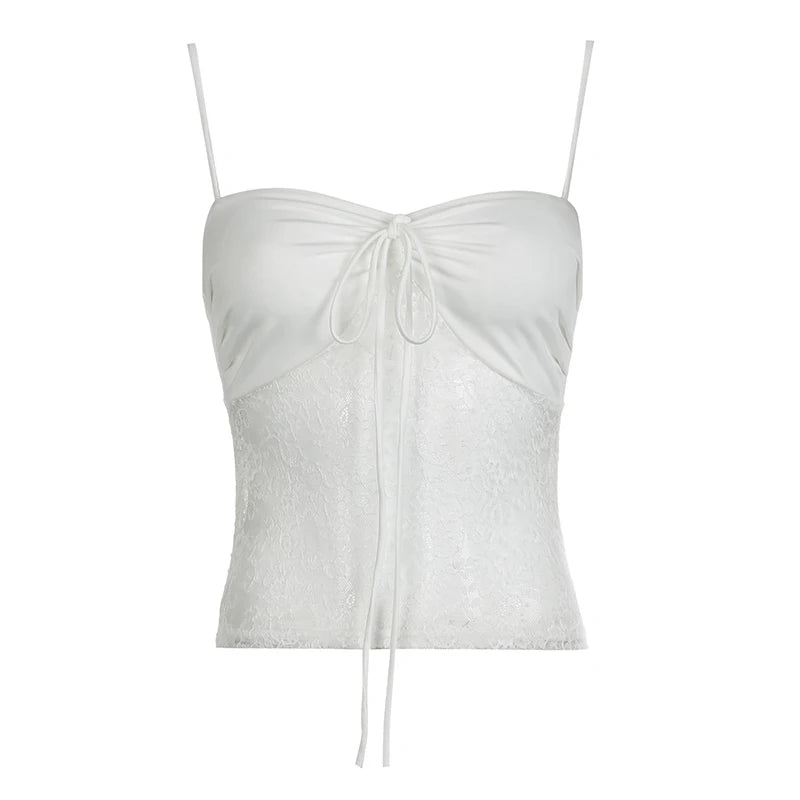 White V-Cut Drawstring Bottom Lace Spaghetti Strap Top