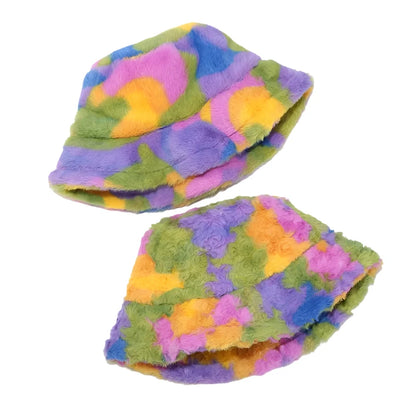 Multicolor Camouflage Fleece And Fur Bucket Hat