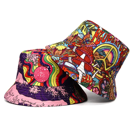 Flower Power Hippie Print Cotton Reversible Bucket Hat