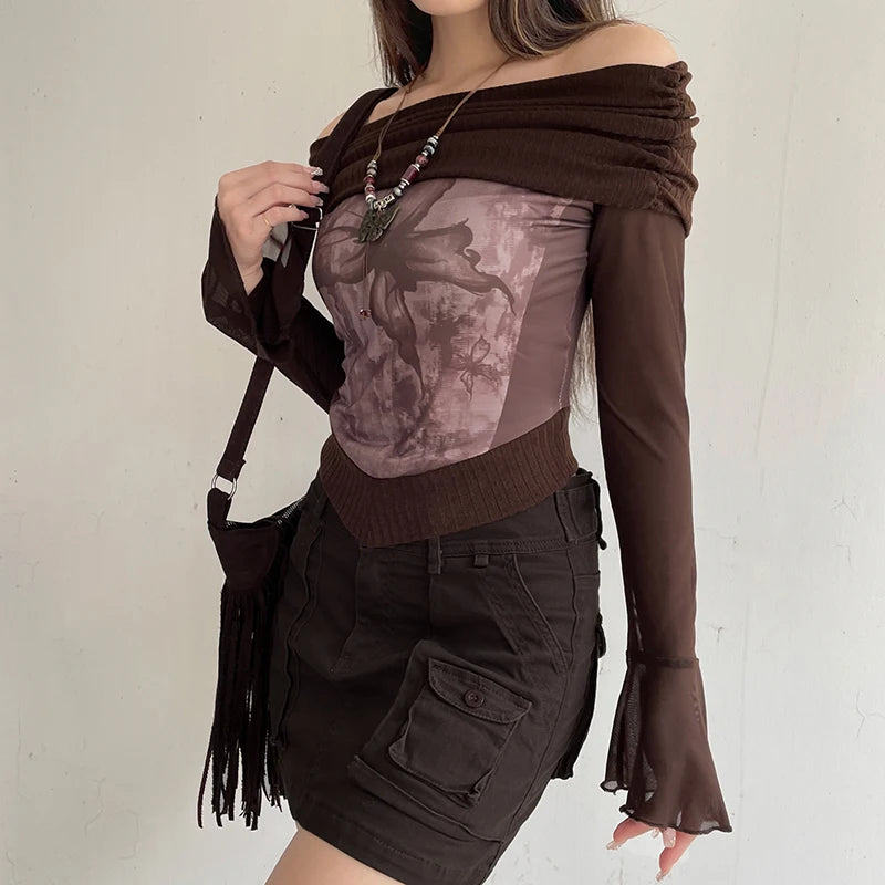 Brown Ribbed Butterfly Roll Over Off Shoulder Sheer Flare Long Sleeve