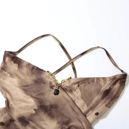 Brown Tie-Dye V-Cut Bandage Strap Backless Halter Top