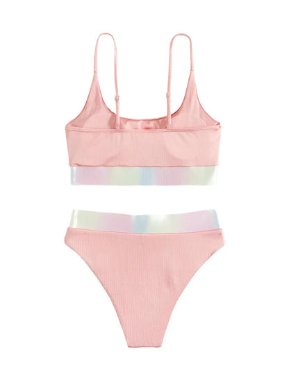 Solid Color Pastel Metallic Strap Spaghetti Strap High Waist Bikini