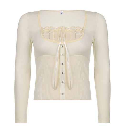 Beige Rhinestone Button Up Bottom Ribbed Fake Plated Lace Trim Under Shirt Long Sleeve