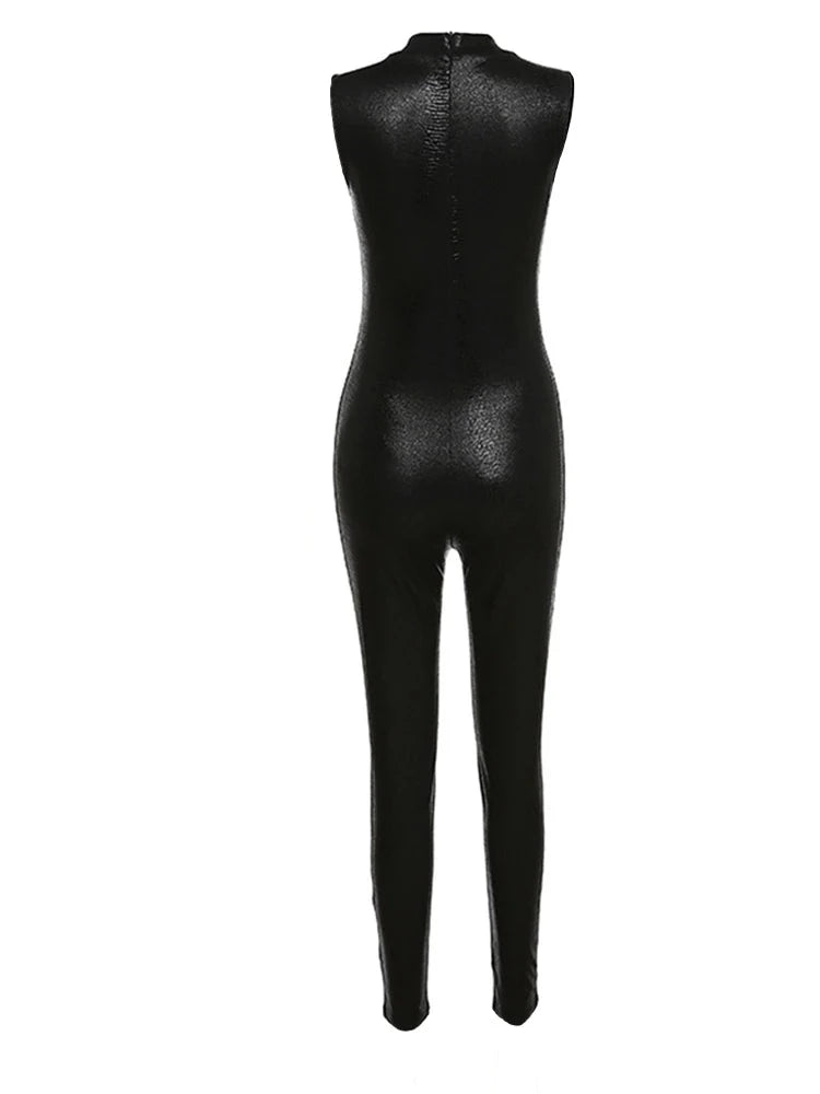 Black Leather Sleeveless Jumpsuit