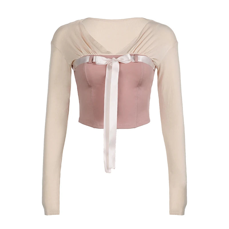 Two Toned Pink V-Cut Bow Corset Long Sleeve