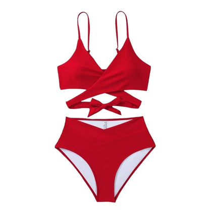 Solid Color V-Cut Bandage Strap High Waist V-Style Bikini