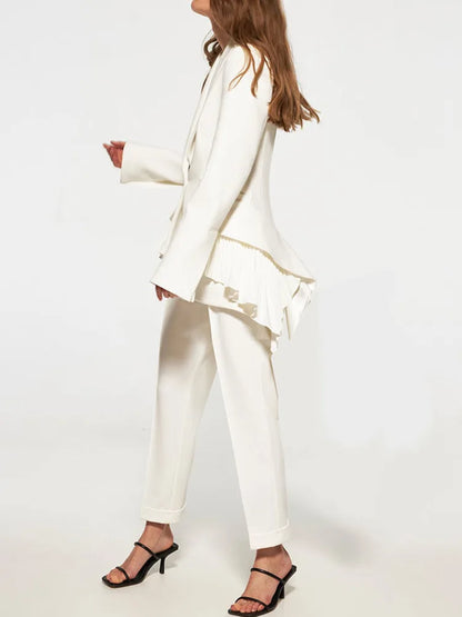 Neutral Pleated Ruffle Trim Blazer