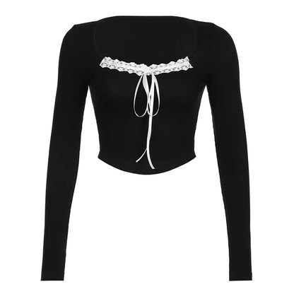 Solid Color Ribbed Lace V-Cut Bow Crop Long Sleeve