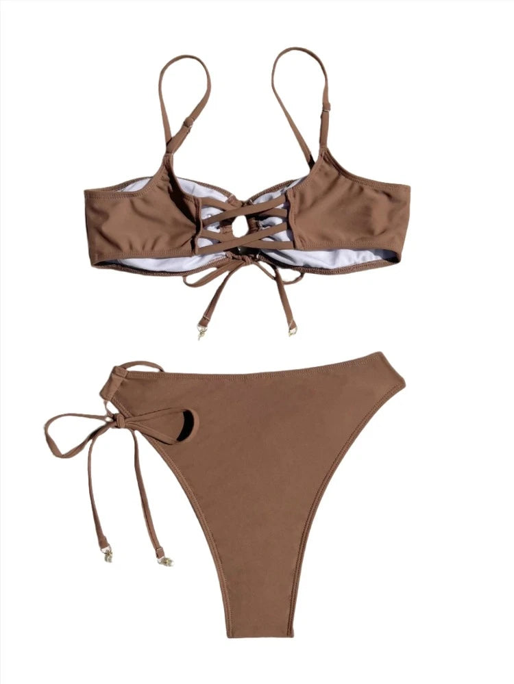 Brown Drawstring Ruched Bikini