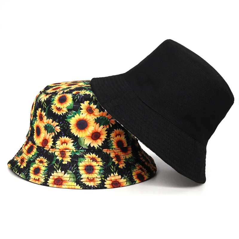 Neutral Cotton Sunflower Print Reversible Bucket Hat