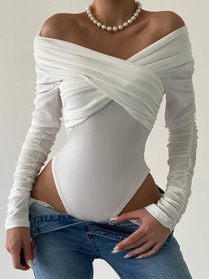 White Criss-Cross Off Shoulder Ruched Long Sleeve Bodysuit
