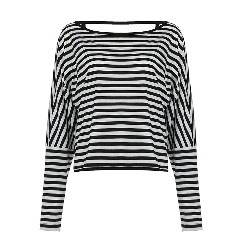 Black And White Stripe Backless Twist Knot Long Sleeve