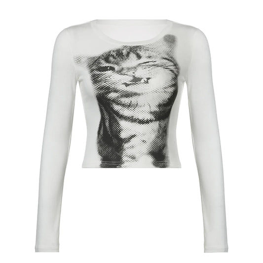 White Kitty Print Crop Long Sleeve