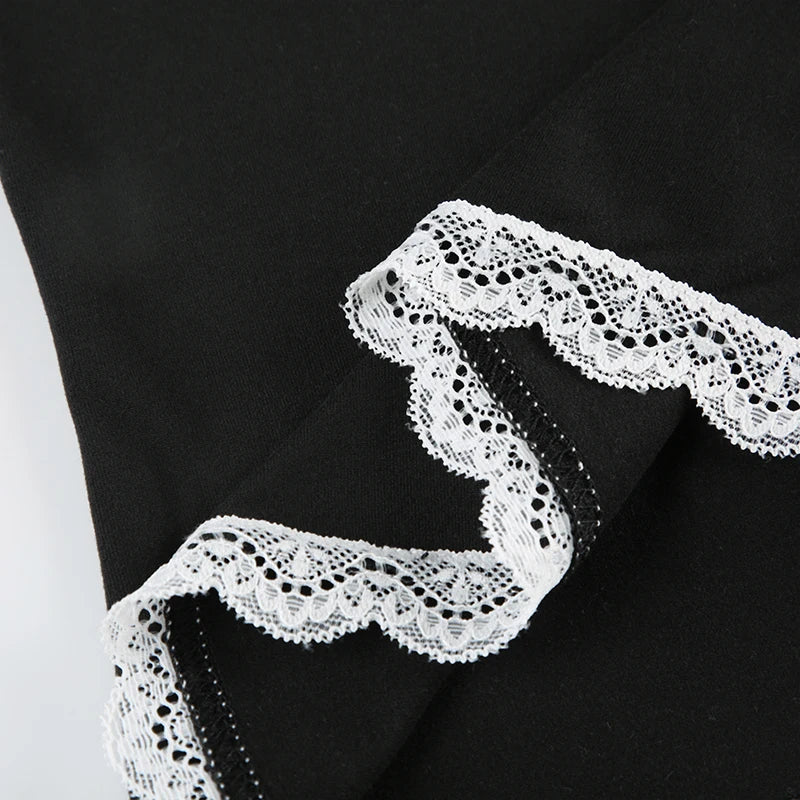 Black Bow V-Cut Lace Trim Long Sleeve