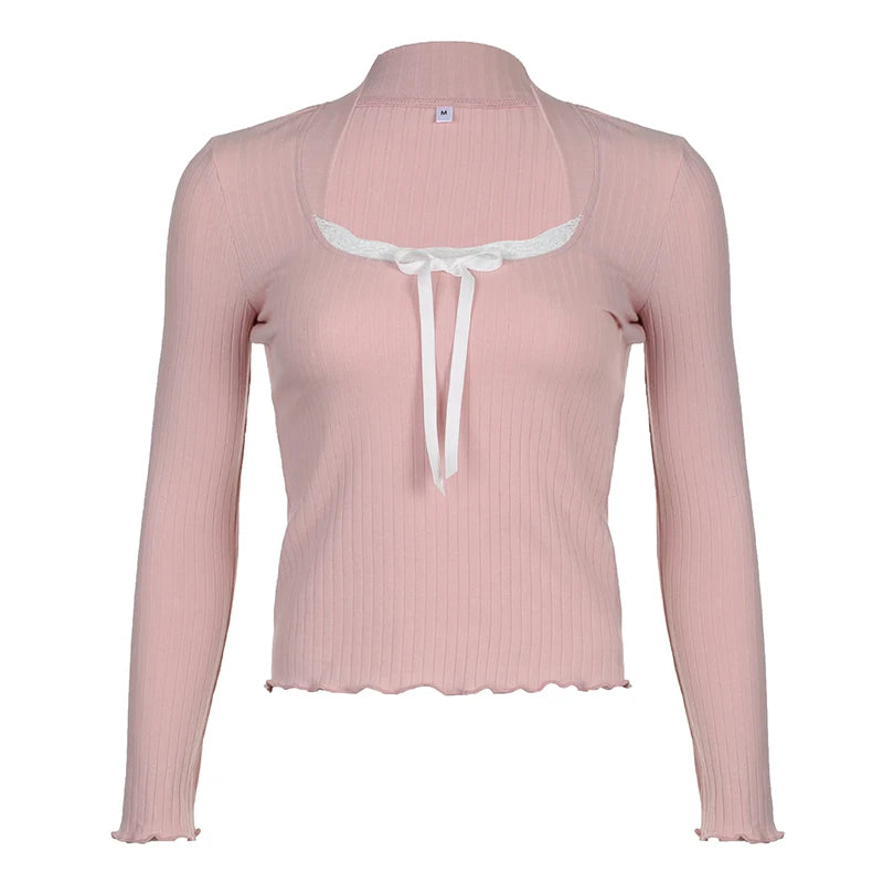 Pink Knit Ribbed Lace Trim Long sleeve