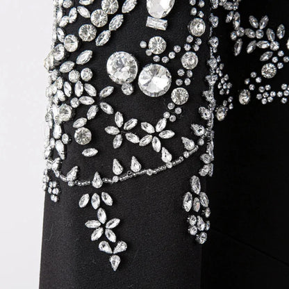 Black Rhinestone Studded Fur Trim Sleeve Blazer