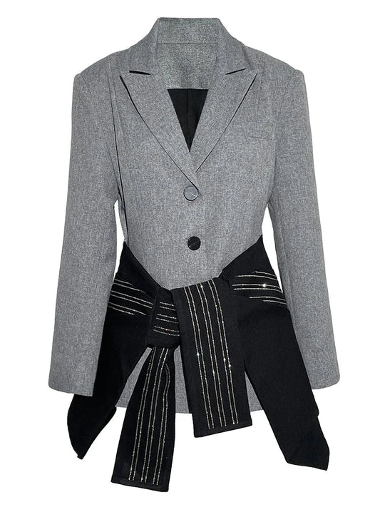 Gray Fake Black Rhinestone Studded Stripe Jacket Blazer