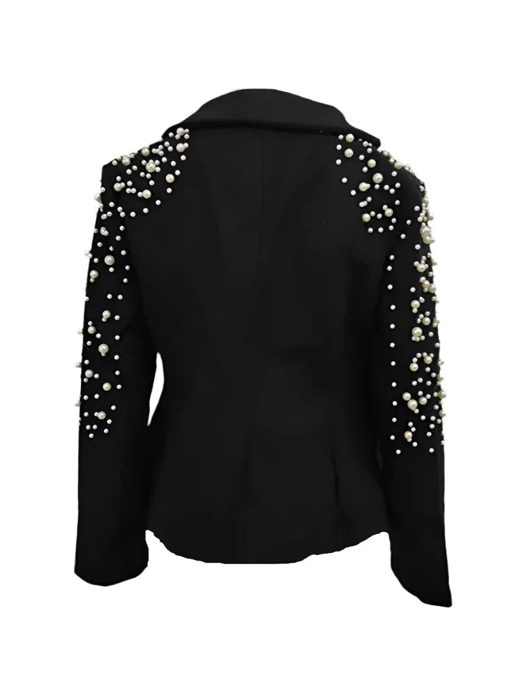 Black Pearl Studded Shoulder Double Breasted Blazer