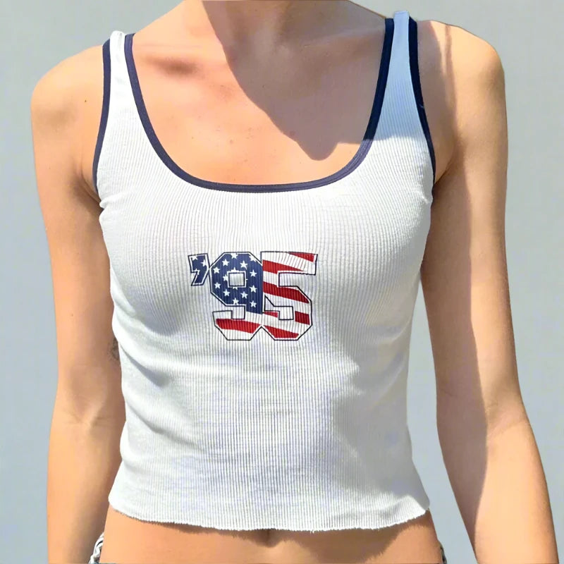 White Ribbed 95 Flag Print Blue Trim Spaghetti Strap Top