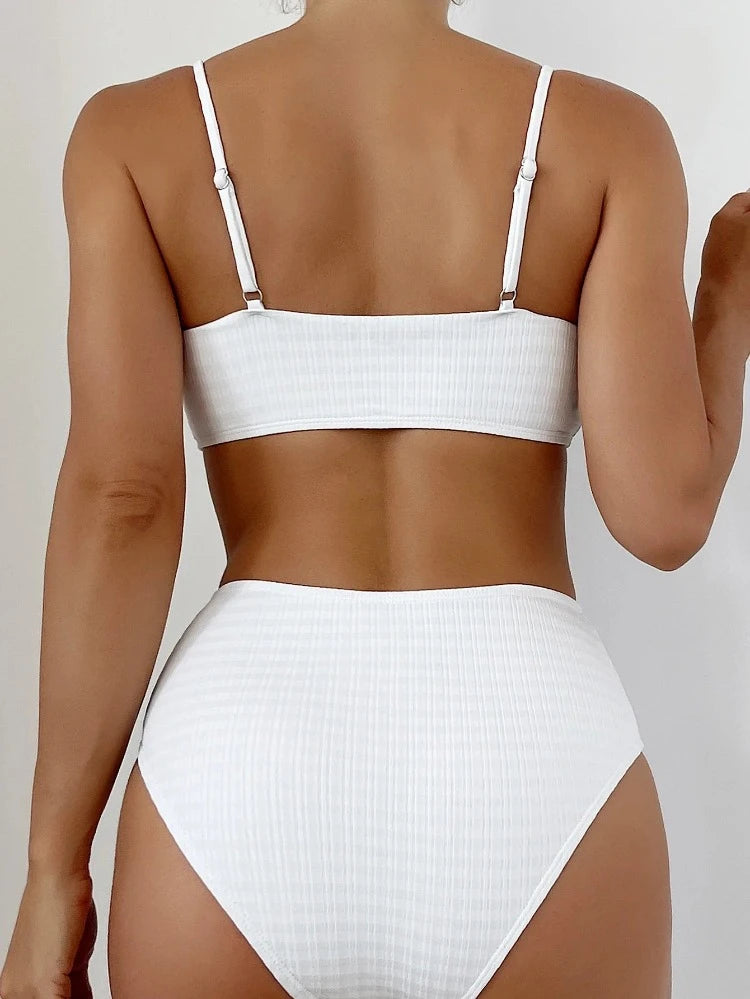 White Ribbed Pearl Spaghetti Strap High Waist Bikini