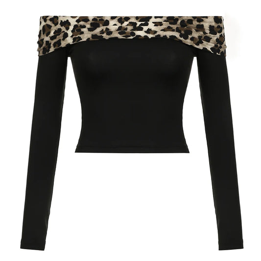 Black Cheetah Trim Off Shoulder Long Sleeve