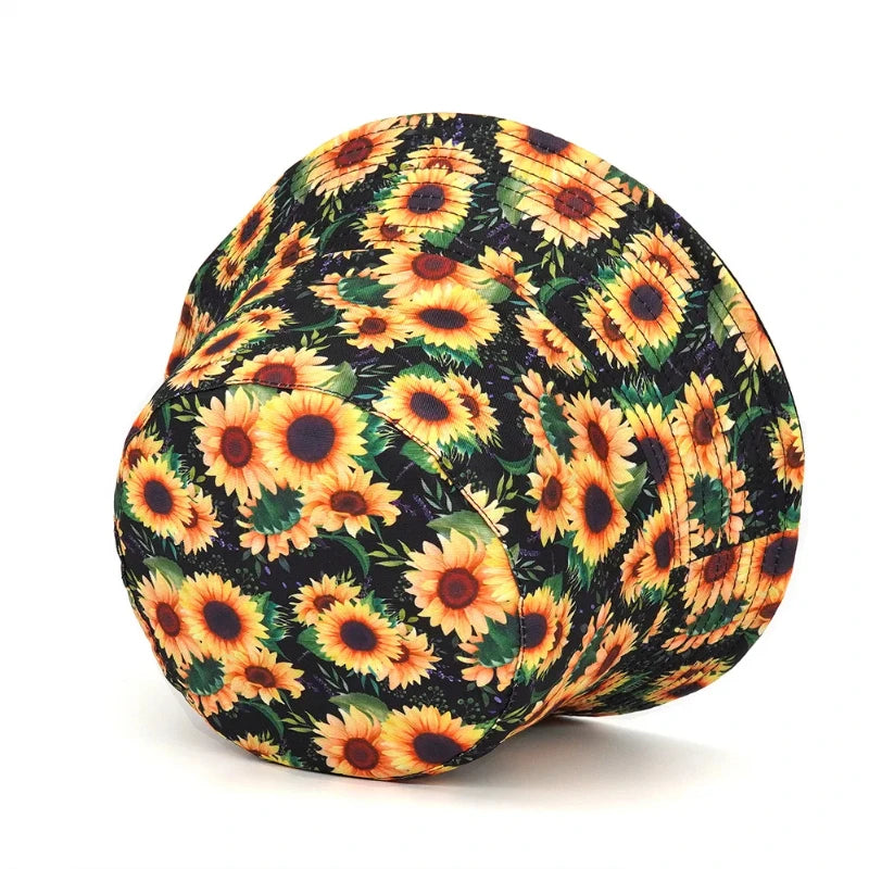 Neutral Cotton Sunflower Print Reversible Bucket Hat