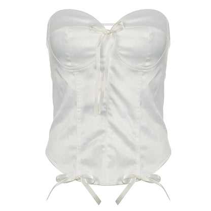 White Silk V-Cut Bow Corset Back Tie Strapless Top