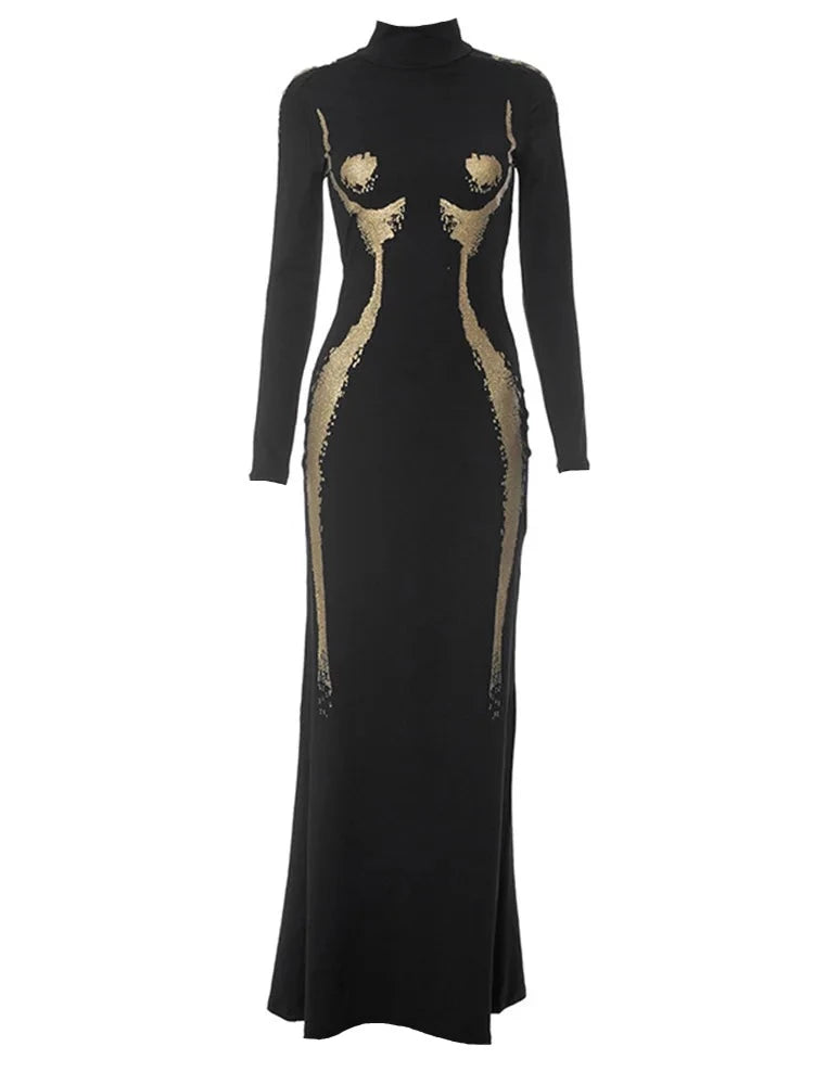 Black Turtleneck Gold Silhouette Long Sleeve Maxi Dress