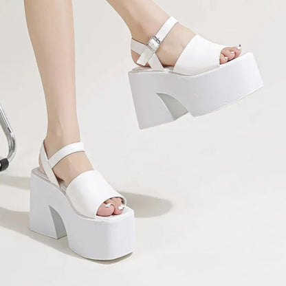 Neutral Leather Thick Strap Square Toe Platform Heels