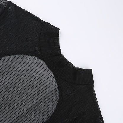 Black Sheer Striped Turtleneck Back Hollow Out Long Sleeve Bodysuit