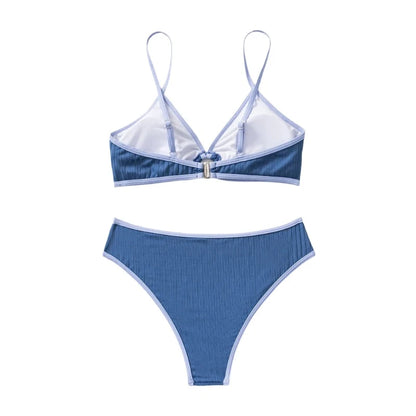 Blue Two Toned Ribbed V-Cut Ring Link Spaghetti Strap High Waist Bikini