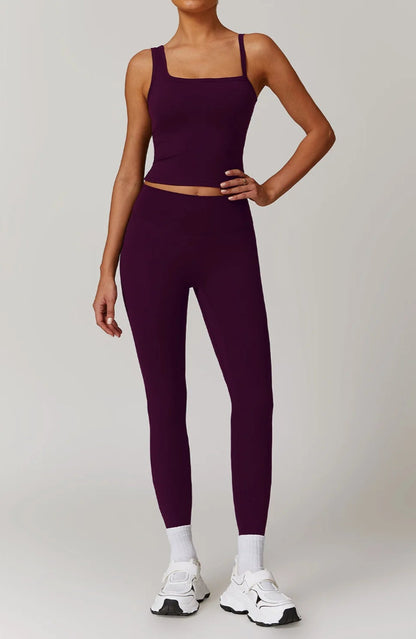Solid Color Different Size Spaghetti Strap And High Waisted Ruched Booty Legging Set