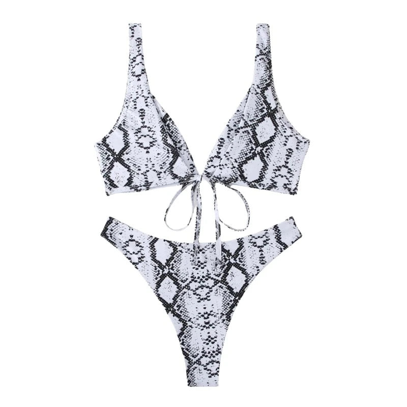 Solid Color Snake Skin V-Cut Back Tie Spaghetti Strap Bikini