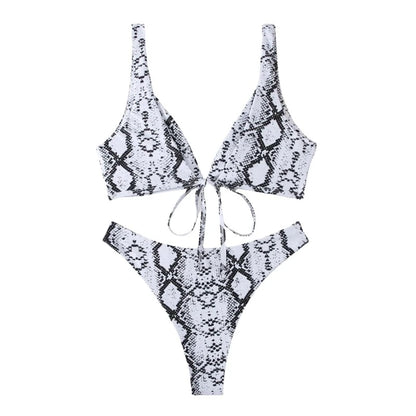 Solid Color Snake Skin V-Cut Back Tie Spaghetti Strap Bikini