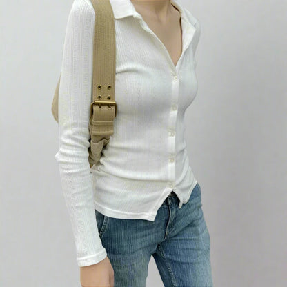 White Knit Ribbed Button Up Long Sleeve