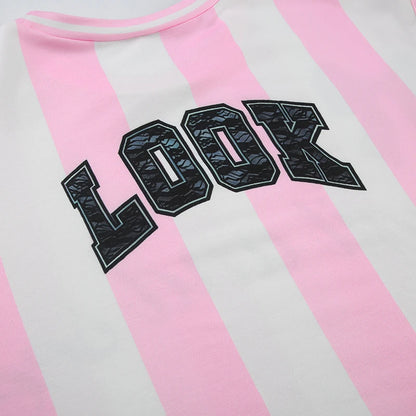 Pink And White Stripe Look Wait And See Black Lace Bow Long Sleeve T-Shirt