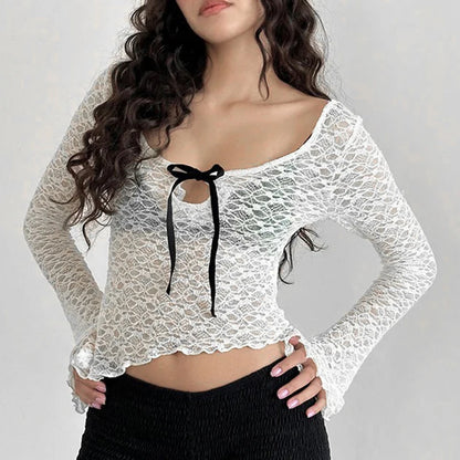 White Lace Black Bow Asymmetric Lettuce Trim Flare Long Sleeve