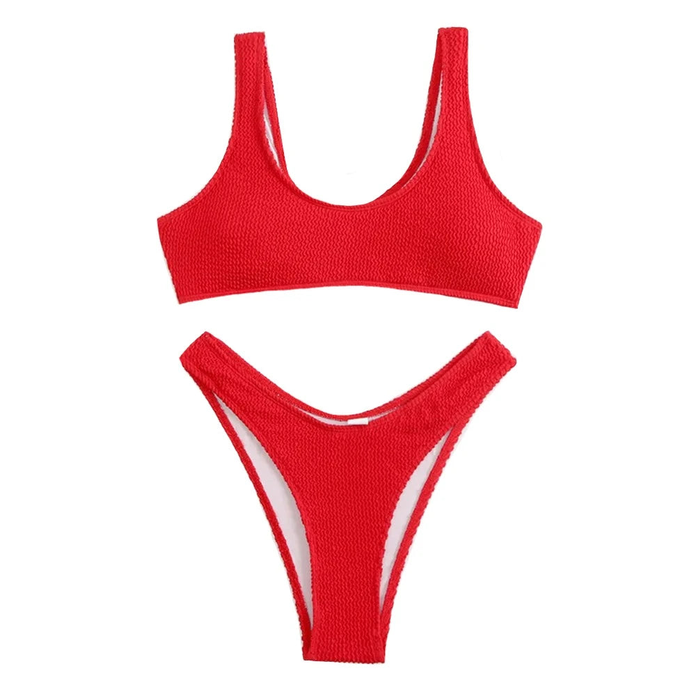 Solid Color Ribbed Spaghetti Strap Bikini