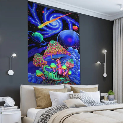 Neon Mushroom Village Outer Space Tapestry